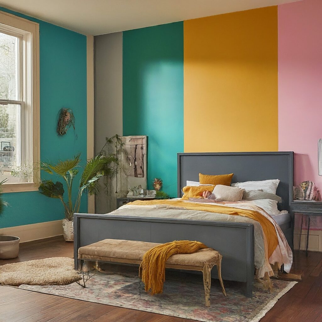 bedroom in house multicolored walls