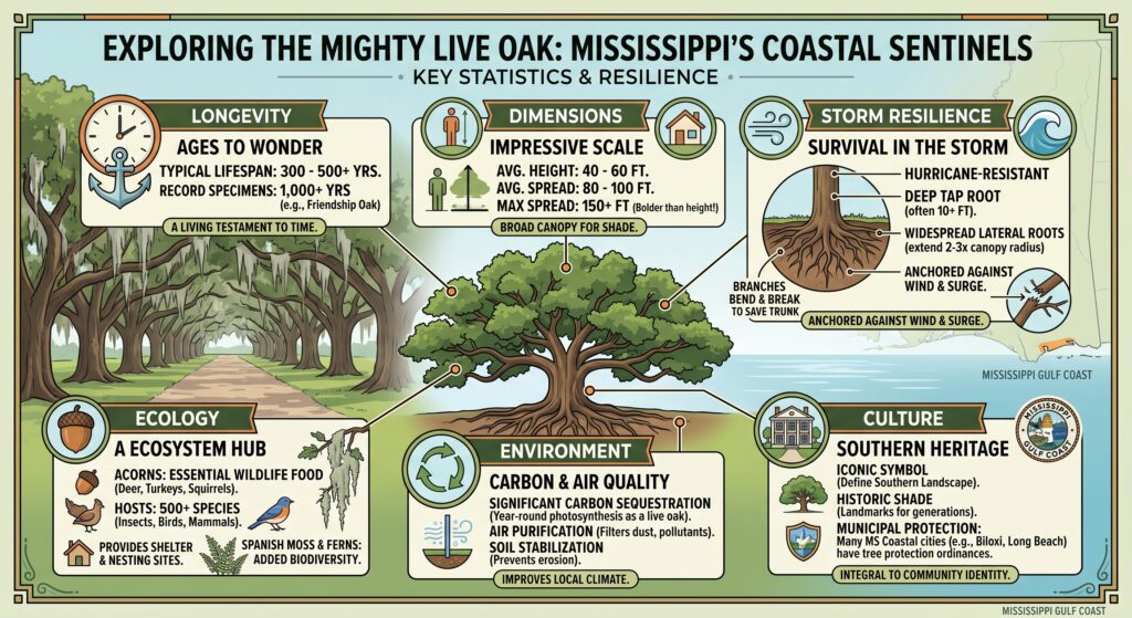 Infographic titled "Exploring the Mighty Live Oak: Mississippi's Coastal Sentinels" detailing key statistics across six illustrated panels. Top sections cover longevity (lifespan of 300 to 500+ years), dimensions (40 to 60 feet tall with spreads exceeding 150 feet), and storm resilience (deep tap roots and widespread lateral roots engineered for hurricane survival). Bottom panels detail its role as an ecosystem hub hosting 500+ species, environmental benefits including carbon sequestration and air purification, and cultural significance as protected Southern heritage across Mississippi Gulf Coast communities.