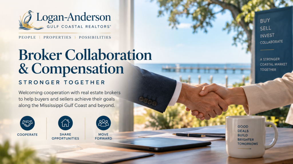 Logan-Anderson Gulf Coastal Realtors broker collaboration and compensation, featuring real estate professionals shaking hands overlooking the Mississippi Gulf Coast.