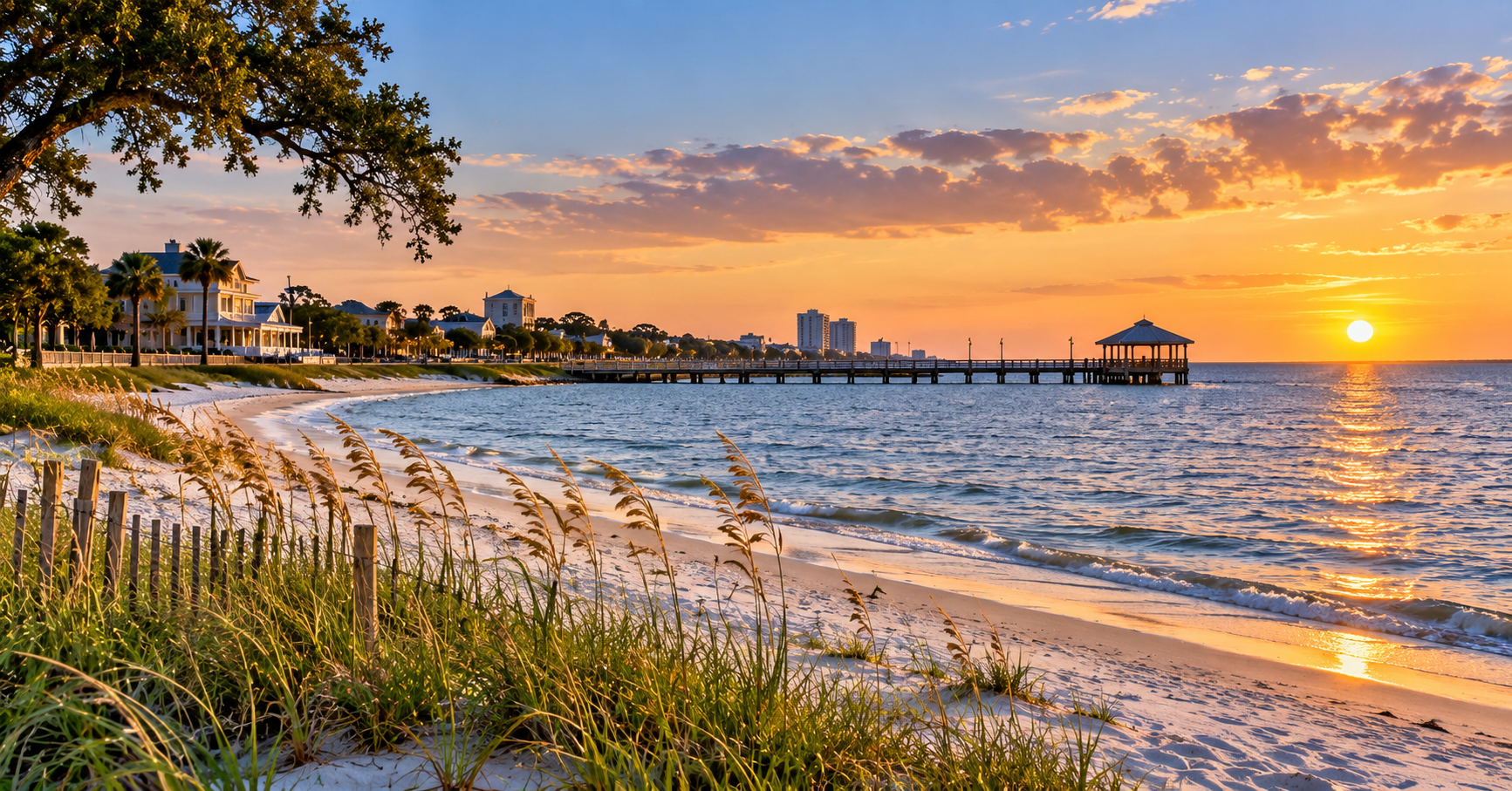 Mississippi Gulf Coast beach at sunset with white sand, sea oats, coastal homes, and a pier extending into the Gulf of Mexico.