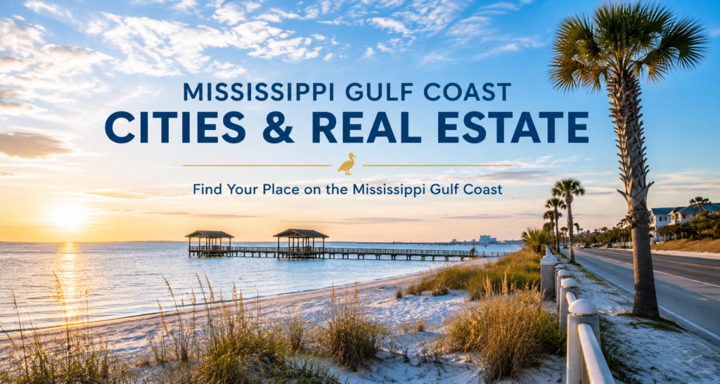 Mississippi Gulf Coast beach at sunset with white sand, palm trees, waterfront homes, and a pier, representing Gulf Coast cities and real estate.
