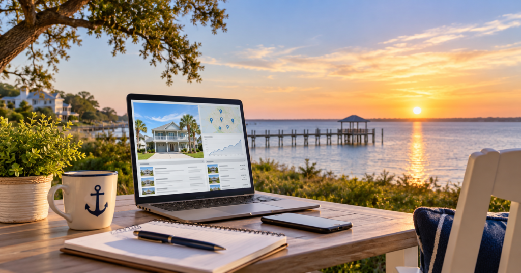 Laptop displaying a Gulf Coast home and real estate market data overlooking the waterfront at sunset, representing a professional property market assessment.