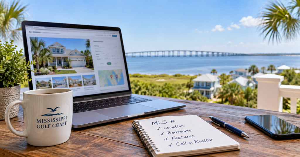 Mississippi Gulf Coast home search on a laptop with MLS number checklist overlooking a coastal neighborhood and water.