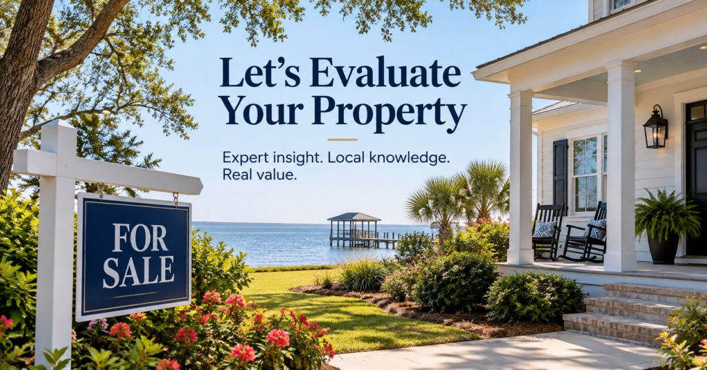 Waterfront Mississippi Gulf Coast home with a For Sale sign and the message “Let’s Evaluate Your Property – Expert insight. Local knowledge. Real value.”